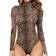 Mangopop Women's Mock Turtle Neck Long Sleeve Tops Bodysuit - Leopard