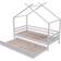 SlumberWorx Kids Teddy Wooden House Single Bed Frame with Guest Trundle 38.6x77.6"