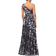 Betsy & Adam Gwen Long One Shoulder Wrap Foile Flower Dress - Navy/Gunmetal