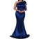 Shein Belle Plus Size Asymmetrical Neck Elegant Satin Formal Evening Dress With Bowknot Detail, Navy (Highly Decorated)
