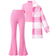 Shein Tween Girl 3pcs Pink Outfit Set: Plaid Lapel Long Sleeve Jacket & Solid Turtleneck Long Sleeve Tee & Solid Flare Leg Pants