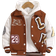 Shein Young Boys Casual Jacket Coat, Featuring Collared Design, White Sleeves Contrasting With Brown Body, Textured Embroidered Patch, Ribbed Cuffs And Hem, Windproof And Warm, Suitable For Daily Wear, Sports, School, And Travel