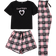 Shein 3 Stücke Set aus Pyjama mit Buchstaben-, Herz- und Karomuster, bestehend aus Rundhals-Kurzarm-T-Shirt, Shorts mit elastischem Bund und Freizeithose, bequeme Nachtwäsche für Damen