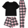 Shein 3 Stücke Set aus Pyjama mit Buchstaben-, Herz- und Karomuster, bestehend aus Rundhals-Kurzarm-T-Shirt, Shorts mit elastischem Bund und Freizeithose, bequeme Nachtwäsche für Damen