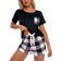 Shein Pocket Patched Tee Buffalo Plaid Print Shorts PJ Set Pajama Set