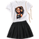 Shein Tween Girls Cartoon Girl Pattern Printed Short Sleeve T-Shirt And Solid Color Pleated Skirt Set