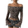 Shein Womens Leopard Print Mesh Off Shoulder Flare Sleeve Crop Top