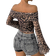 Shein Womens Leopard Print Mesh Off Shoulder Flare Sleeve Crop Top