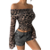 Shein Womens Leopard Print Mesh Off Shoulder Flare Sleeve Crop Top