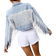 Shein Fringe Raw Hem Button Front Crop Jacket - Denim