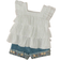 Shein Baby Girl Holiday Casual Solid Color Ruffle Trim Shirt And Flower Embroidered Denim Shorts Set