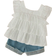 Shein Baby Girl Holiday Casual Solid Color Ruffle Trim Shirt And Flower Embroidered Denim Shorts Set