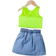 Shein Young Girl Cute Trendy Open Shoulder Ribbed Tank Top Heart Printed Denim Shorts Outfit Set Summer