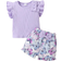 Shein Young Girl pcs Elegant Sweet And Cute Top With Bowknot Detail And Ruffled Hem And Bow Detail Printed Shorts Suitable For Summer Casual Vacation And Pa
