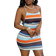 Shein Casual Sling Colorful Striped Imitation Pit Fabric AllOver Printed Mini Tight Skirt Womens DressH