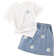 Shein Girls' Daisy Printed T-Shirt & Denim Skirt 2pcs/Set