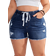 Shein Plus Womens Drawstring Waist Distressed Denim Shorts With Pockets And Frayed Hem Casual
