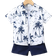 Shein Young Boy Blue & White Tropical Printed Vacation-style Standard Collar Short Sleeve Two-piece Set For Street & Casual Wear In Summer