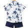 Shein Young Boy Blue & White Tropical Printed Vacation-style Standard Collar Short Sleeve Two-piece Set For Street & Casual Wear In Summer