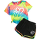 Shein Girls Tie Dye Heart Print Tee & Contrast Binding Shorts