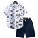 Shein Boys' Comfortable Casual Palm Tree Print Short Sleeve Shirt And Shorts Set, Summer