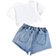 Shein Teen Girl Vintage Tropical Print White Short TShirt And Street Style Cool Distressed Loose Fit Denim Shorts Set