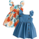 Shein Baby Girl 2pcs/Pack Fashionable Leaf Print Button Detail Ruffle Trim Sleeveless Dress & Solid Dress For Summer Holiday