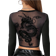 Shein Solid Color Long Sleeve Chinese Dragon Net Mesh Backless YK Going Out Fall Graphics Woman Black TShirt