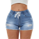 Shein Women Distressed Denim Shorts With Elastic Waist And Drawstring Frayed Hem And Stretchy Fabric