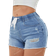 Shein Women Distressed Denim Shorts With Elastic Waist And Drawstring Frayed Hem And Stretchy Fabric