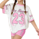 Shein Tween Girls' Casual Loose Set: Bowknot & Striped Letter Print Bright Pink Ballerina Graphic Crew Neck Short Sleeve T-Shirt & Shorts, Summer