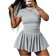 Shein Slaydiva New spring and summer casual basic style, sportswear style, simple round neck, short sleeves, folded short T-shirt on both sides + a swing stick half skirt, short on both sides, front and back, mid-length, light gray striped knit fabric women's two-piece suit