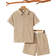 Shein Tween Boy Loose Fit Solid Turndown Collar Short Sleeve Polo Shirt and Shorts Set - Khaki