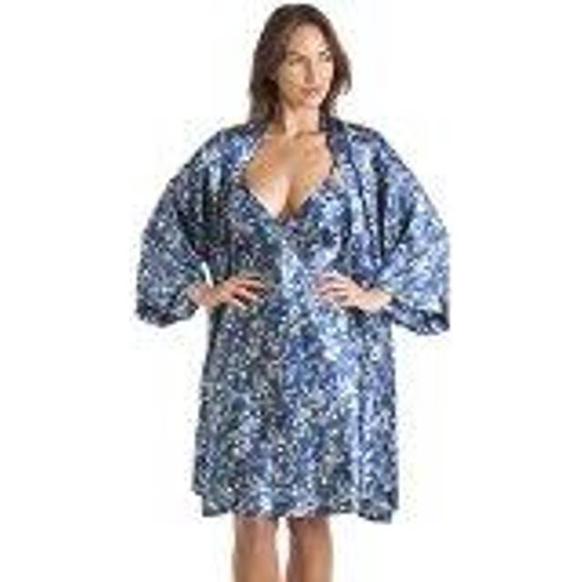 Luxury Kimono Style Floral Satin Chemise And Wrap Set - Navy