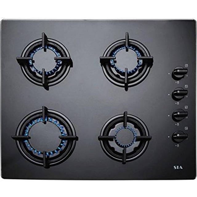 SIA GHG602BL 60cm 4 Burner Gas On Glass Hob In Black With Cast Iron Pan Stands