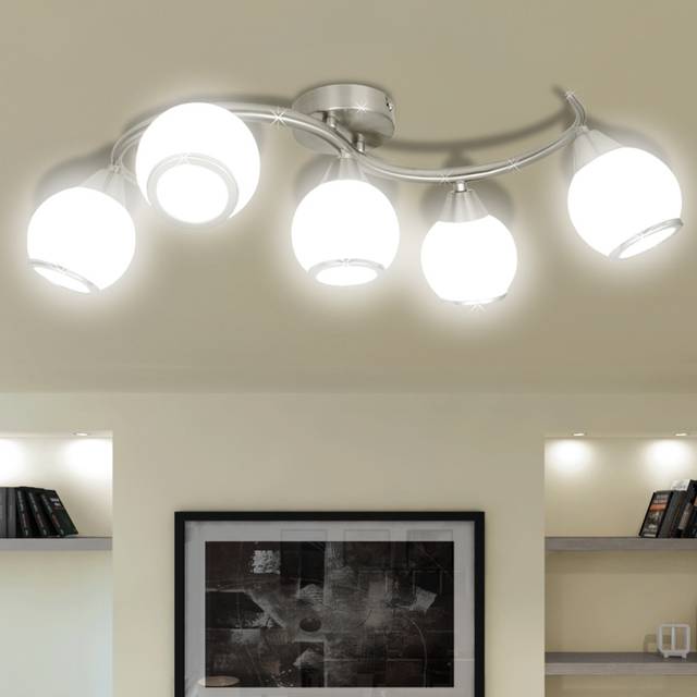 vidaXL Ceiling Lamp with Glass Shades on Waving Rail for 5 E14 Bulb - White