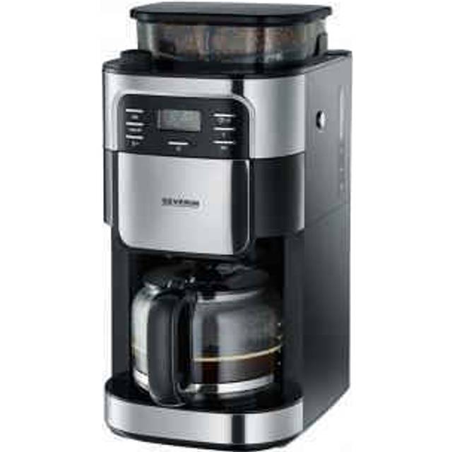 SEVERIN kaffebryggare med kvarn, kaffebryggare med glaskanna och timerfunktion, även som filterkaffebryggare, glaskaffekanna för 8 koppar, 1000 W, svart/rostfritt stål, KA 4810