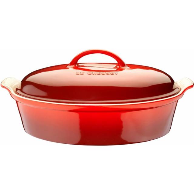 Le Creuset Cerise Heritage Oval med låg - Stegeso test - Gastrotid.dk
