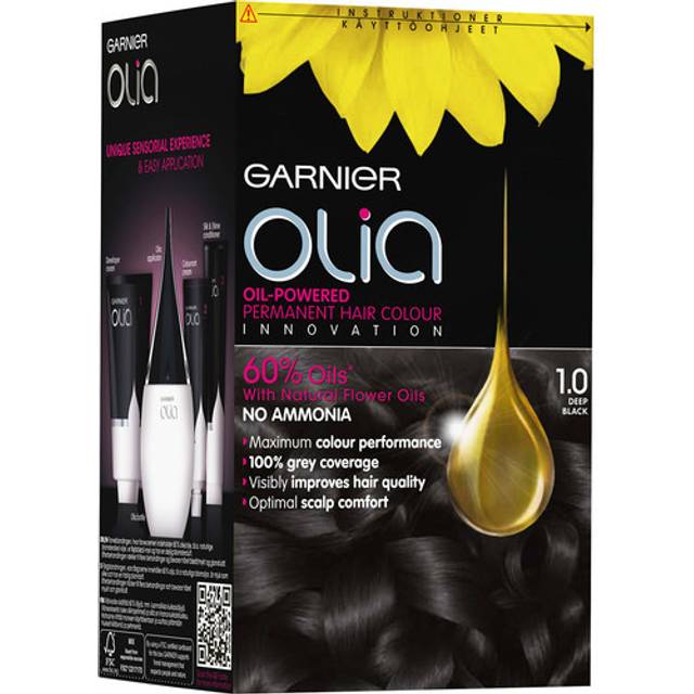 Garnier Olia permanent hårfärg, ingen ammoniak, helgrå täckning, långvarig färg och glans, vegansk formel, färg: 1.0 djup svart, 230 g