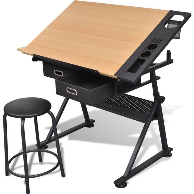vidaXL Two Drawers Tiltable Tabletop Drawing Table with Stool - Brown