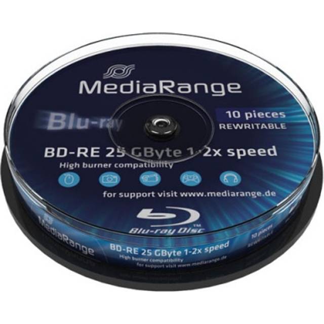 MediaRange BD-RE 25 GB 2 gånger skrivhastighet, återskrivbar, 10 cakebox