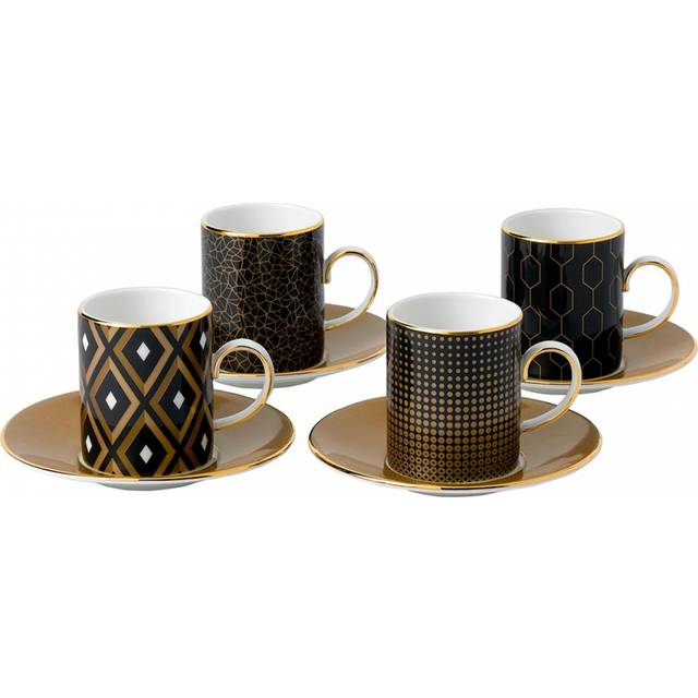 Wedgwood Black and Brown Gio Gold China Espresso Cups Saucers Set of Four