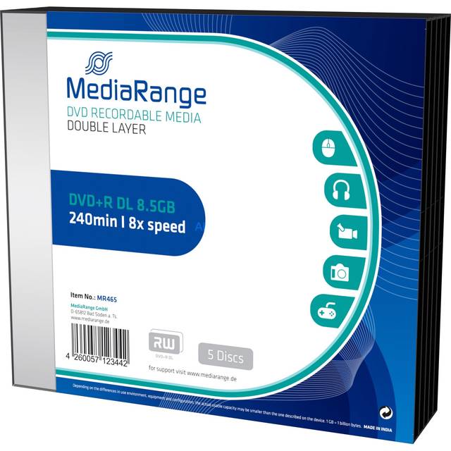 Mediarange PCS70302MR465 - Pack med 5 DVD+R (8X, 8,5 GB)