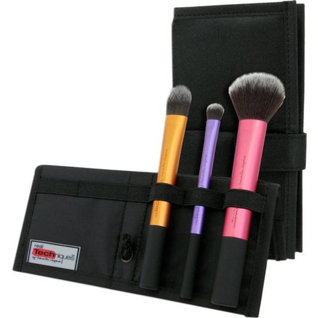 3 pc real techniques travel essentials makeup brush set with 2 in 1 case & stand
