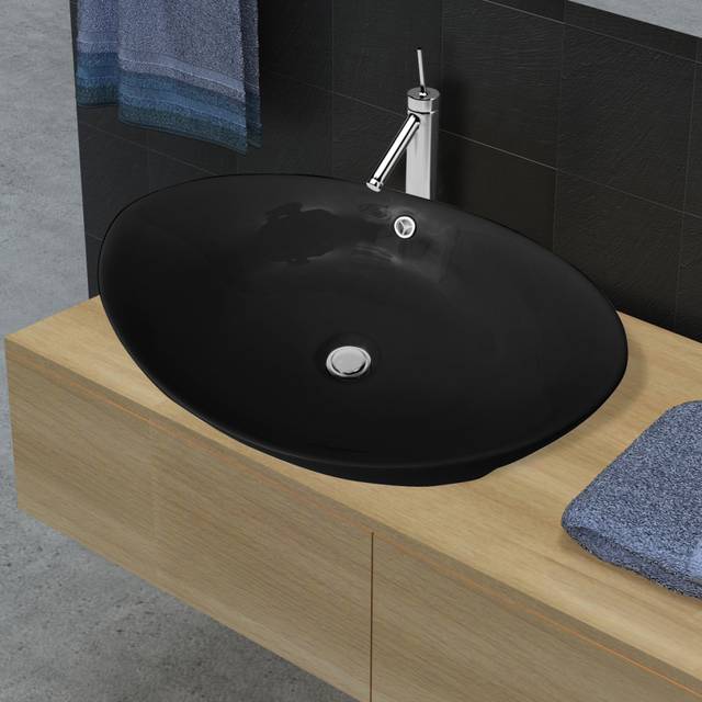 vidaXL Black Luxury Ceramic Basin Oval with Overflow 59 x 38,5 cm