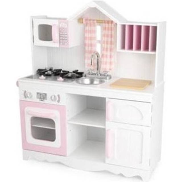 KidKraft Modernt Country barnkök av trä med fönstergardiner, lekkök i lantlig stil, rosa och vit, leksaker från 3 år, 53222 [exklusivt hos Amazon]
