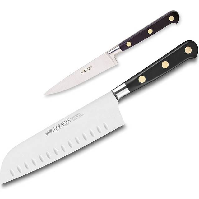 Lion Sabatier® Ideal 2 Piece Knife Set - 10cm Paring &amp; 18cm Santoku Knife (Black Handle with Stainless Steel Rivets)