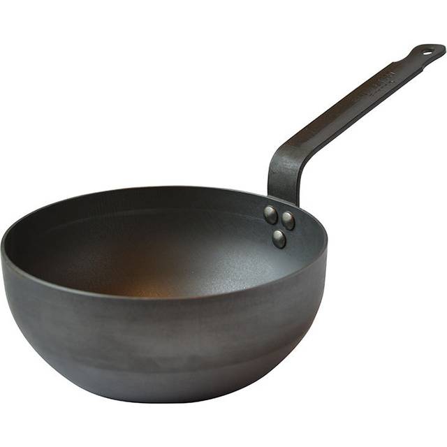 Mauviel M'Steel Black Carbon Natural Nonstick Splayed Curved Saute Pan With Iron Handle  4.2-qt  Suitable For All Cooking Surfaces  Made in Franc