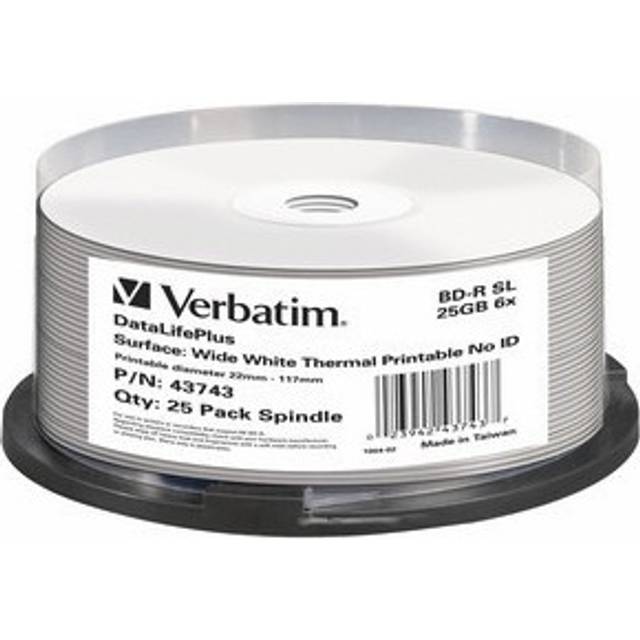 Verbatim BD-R Blu-ray-ämnen 25 GB, 6x Skrivhastighet, 25-Pack Spindel, Termiskt Tryckbara Skivor för Video- och Ljudfiler