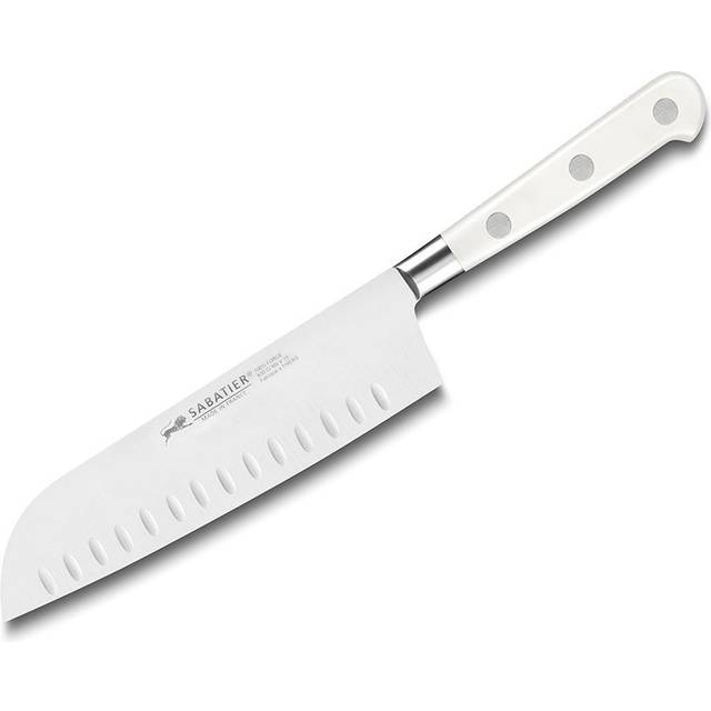 Lion Sabatier® Ideal Toque Blanche 18cm Scalloped Santoku Knife (White Handle with Stainless Steel Rivets)